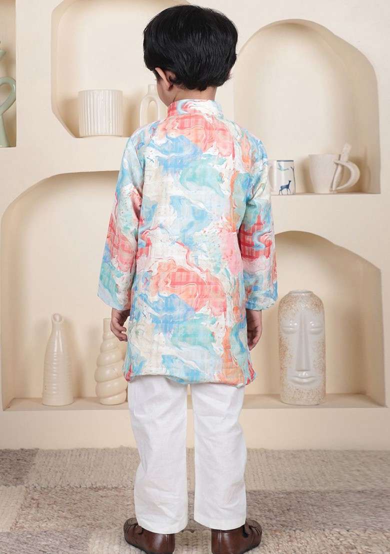 White Printed Cotton Kurta Set For Boys - Indya