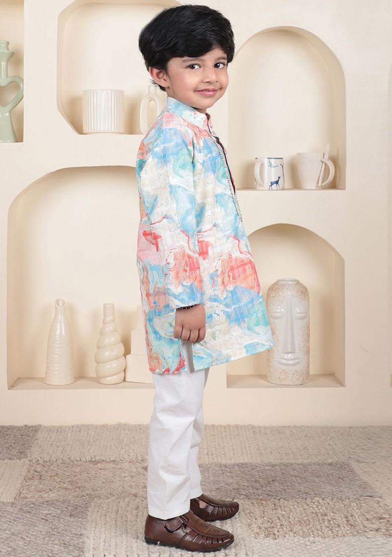 White Printed Cotton Kurta Set For Boys - Indya