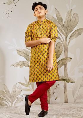 Mustard Printed Cotton Kurta Set For Boys