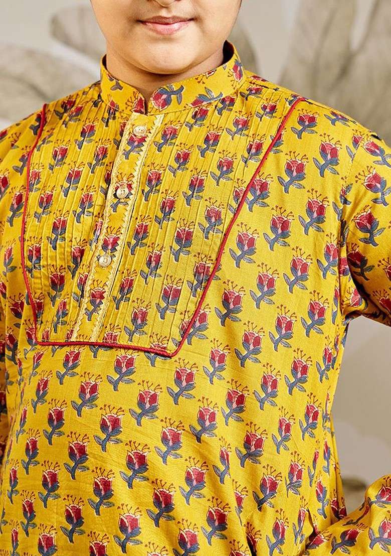 Mustard Printed Cotton Kurta Set For Boys - Indya