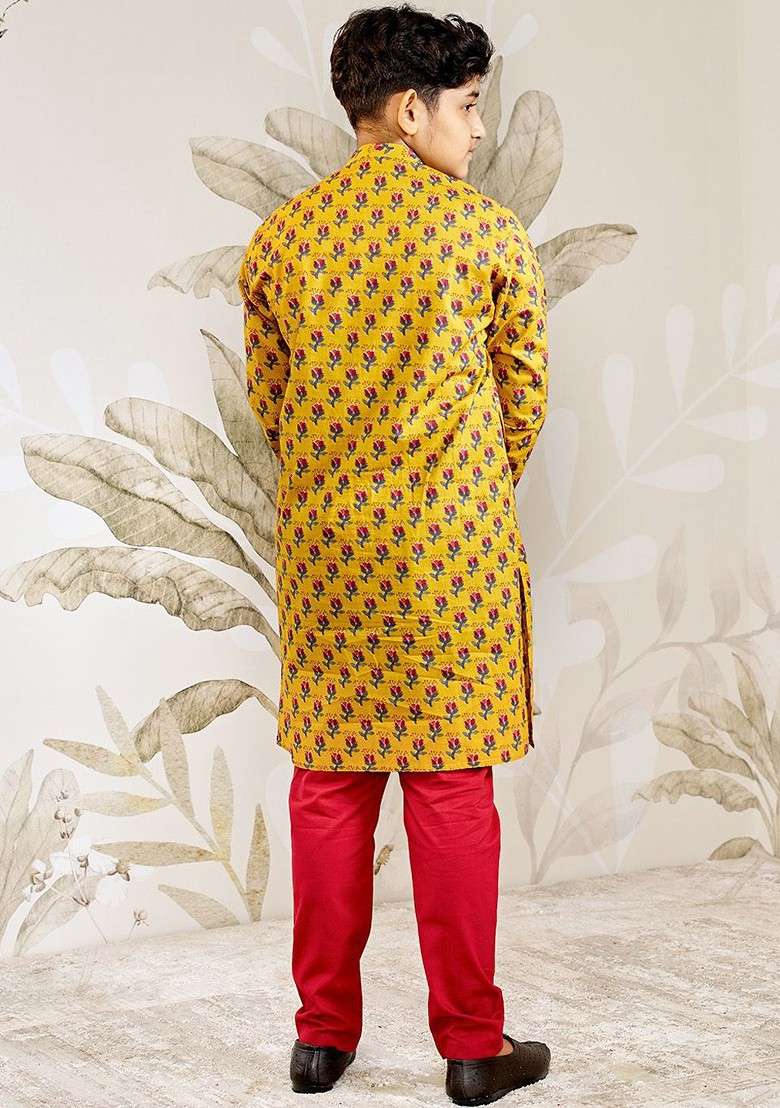Mustard Printed Cotton Kurta Set For Boys - Indya