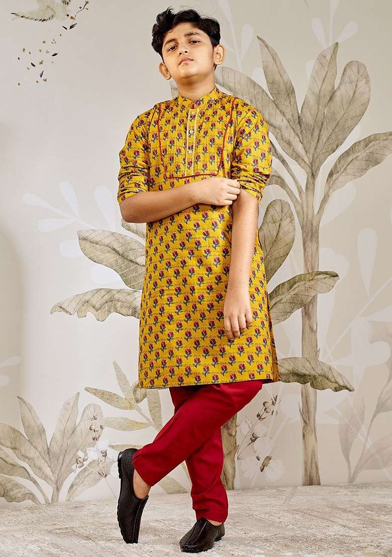 Mustard Printed Cotton Kurta Set For Boys - Indya
