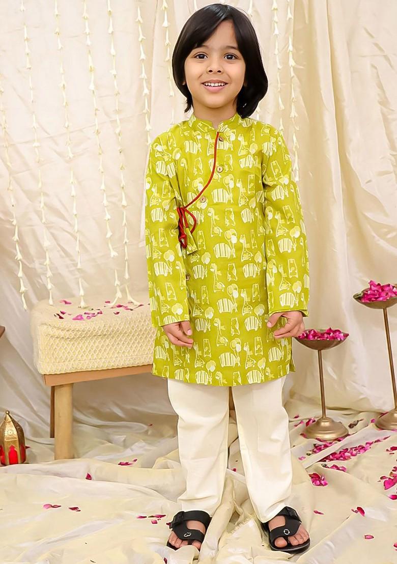 Green Printed Cotton Kurta Set For Boys - Indya