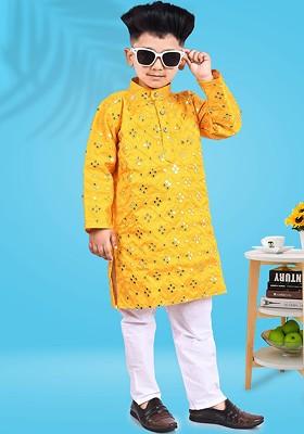 Yellow Embroidered Blended Kurta Set For Boys