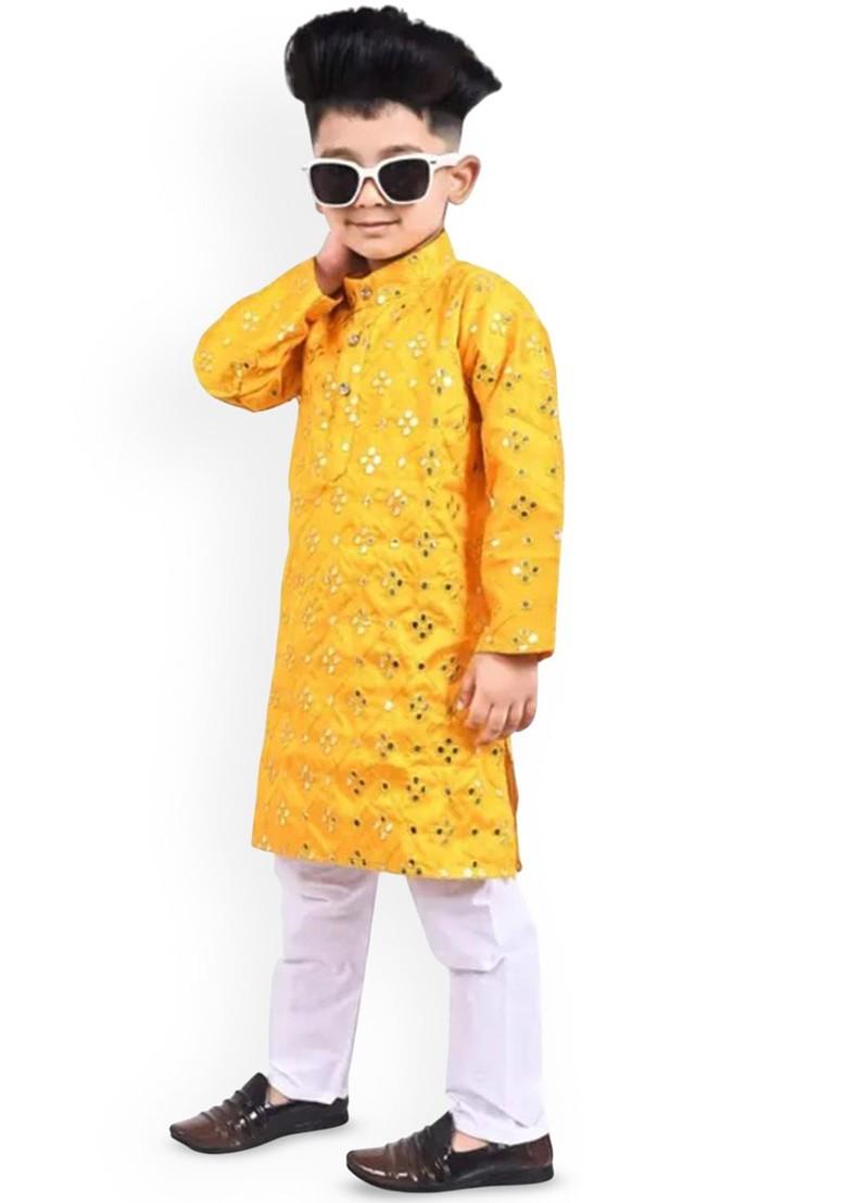 Yellow Embroidered Blended Kurta Set For Boys - Indya