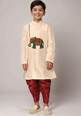 Beige Printed Blended Kurta Dhoti Set For Boys