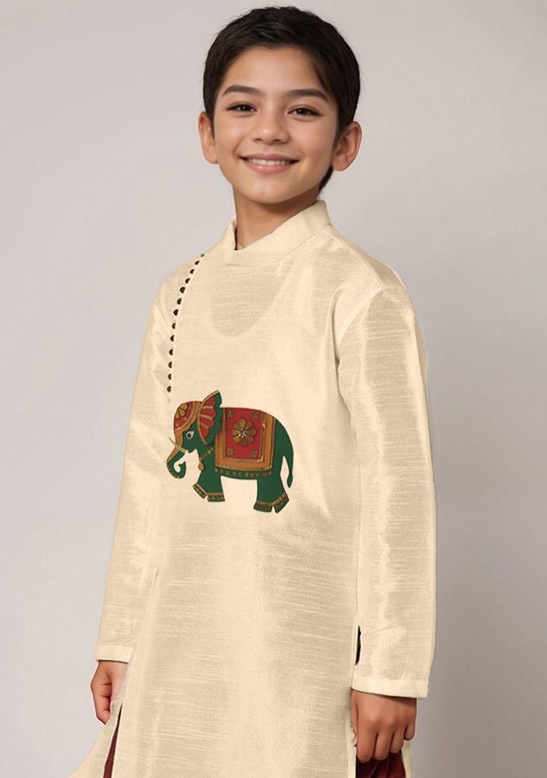 Beige Printed Blended Kurta Dhoti Set For Boys - Indya