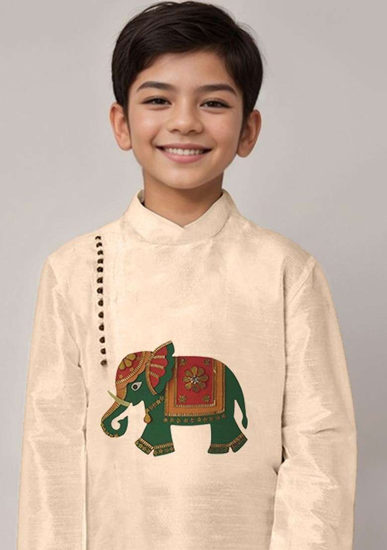 Beige Printed Blended Kurta Dhoti Set For Boys - Indya