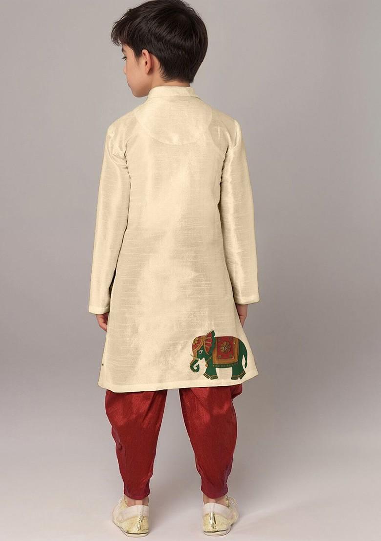 Beige Printed Blended Kurta Dhoti Set For Boys - Indya