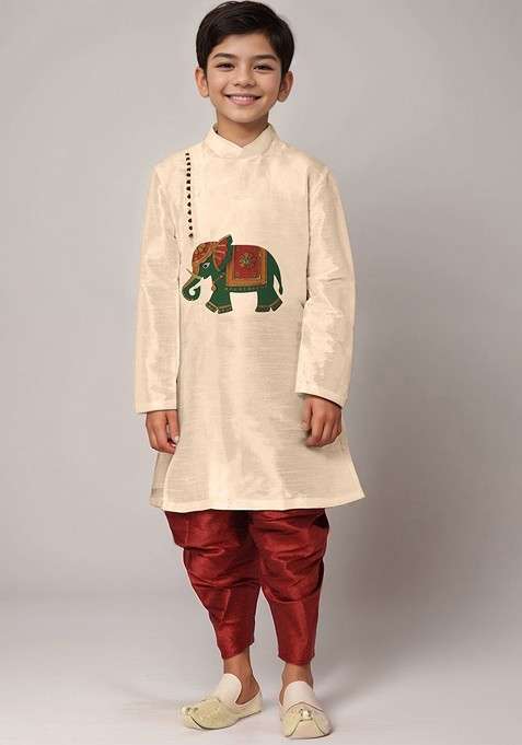 Beige Printed Blended Kurta Dhoti Set For Boys