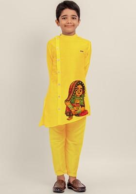 Yellow Embroidered Blended Kurta Set For Boys