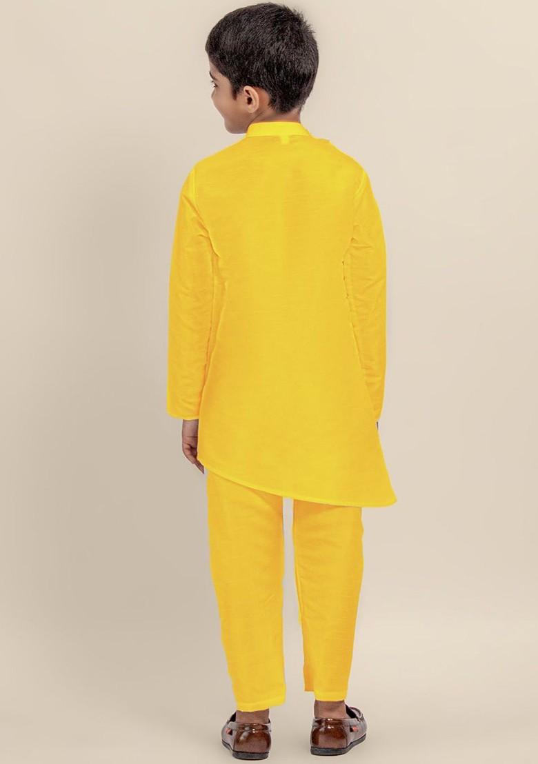 Yellow Embroidered Blended Kurta Set For Boys - Indya