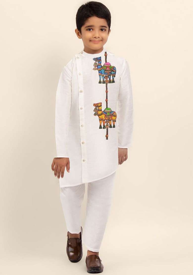 White Printed Blended Kurta Set For Boys - Indya