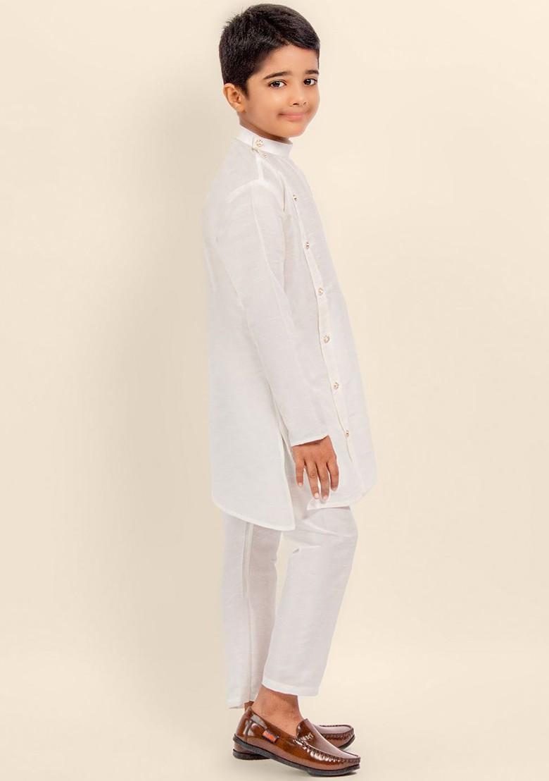 White Printed Blended Kurta Set For Boys - Indya