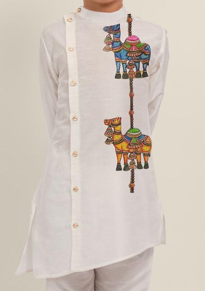 White Printed Blended Kurta Set For Boys - Indya