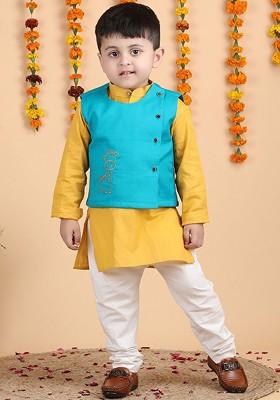 Yellow Embroidered Cotton Kurta Set For Boys