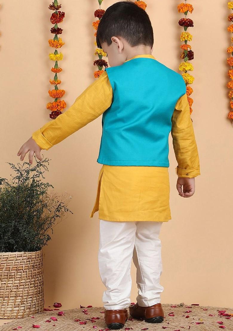 Yellow Embroidered Cotton Kurta Set For Boys - Indya