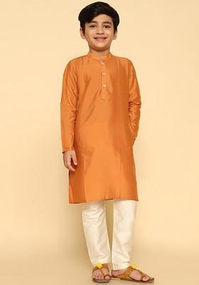 Mustard Embroidered Blended Kurta Set For Boys