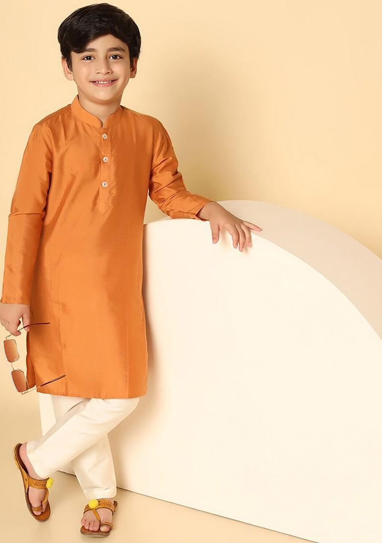 Mustard Embroidered Blended Kurta Set For Boys - Indya