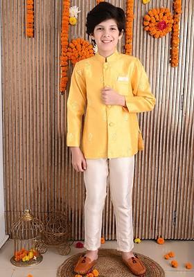 Yellow Embroidered Silk Kurta Set For Boys