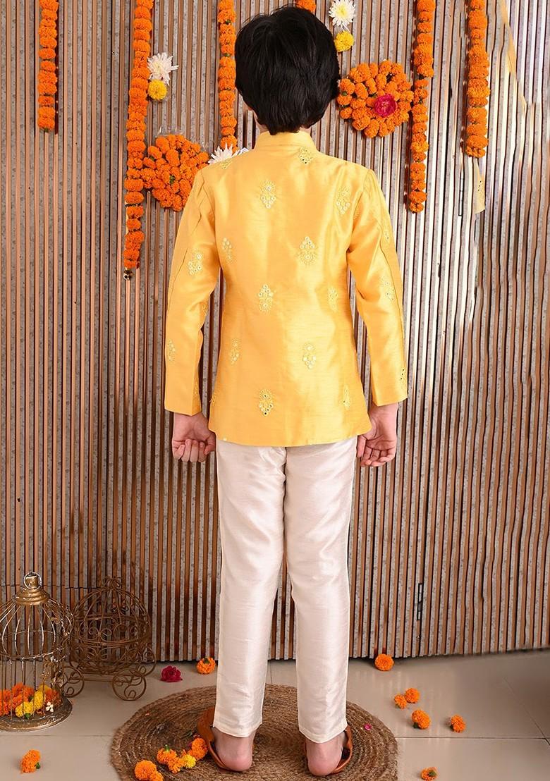 Yellow Embroidered Silk Kurta Set For Boys - Indya