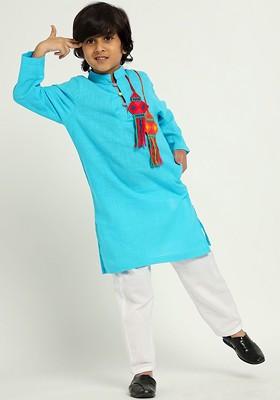 Blue Embroidered Cotton Kurta Set For Boys