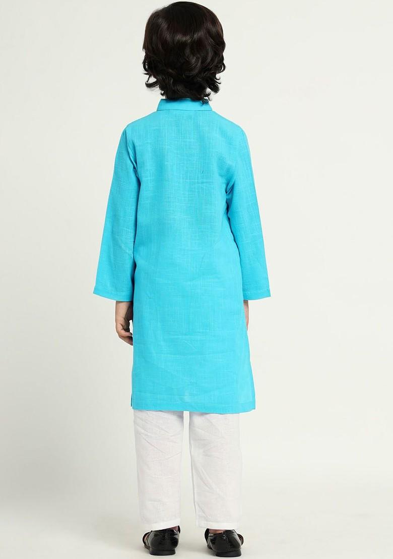 Blue Embroidered Cotton Kurta Set For Boys - Indya