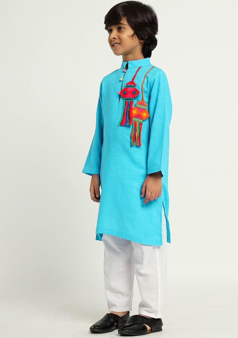 Blue Embroidered Cotton Kurta Set For Boys - Indya