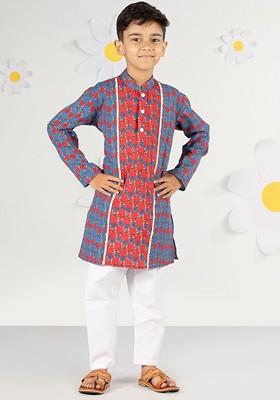 Blue Printed Cotton Kurta Set For Boys