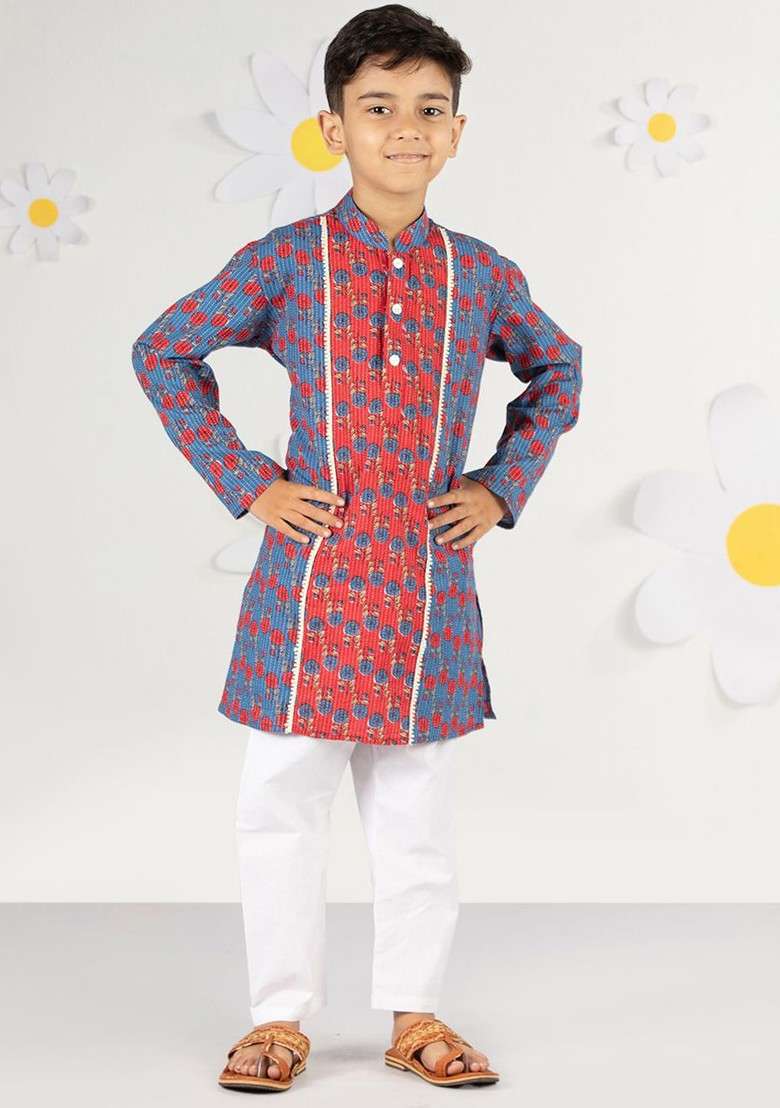 Blue Printed Cotton Kurta Set For Boys - Indya