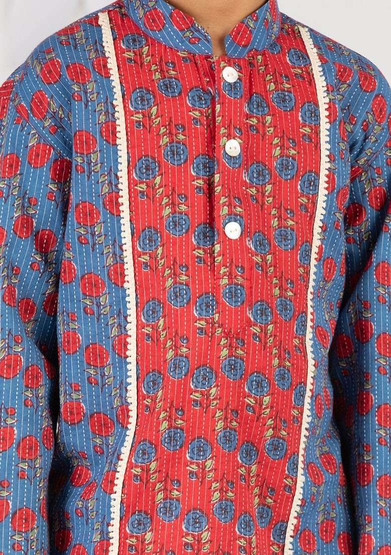 Blue Printed Cotton Kurta Set For Boys - Indya