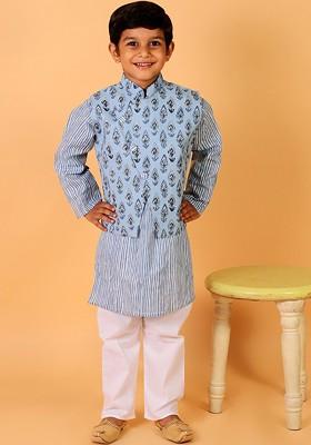 Blue Striped Cotton Kurta Set For Boys