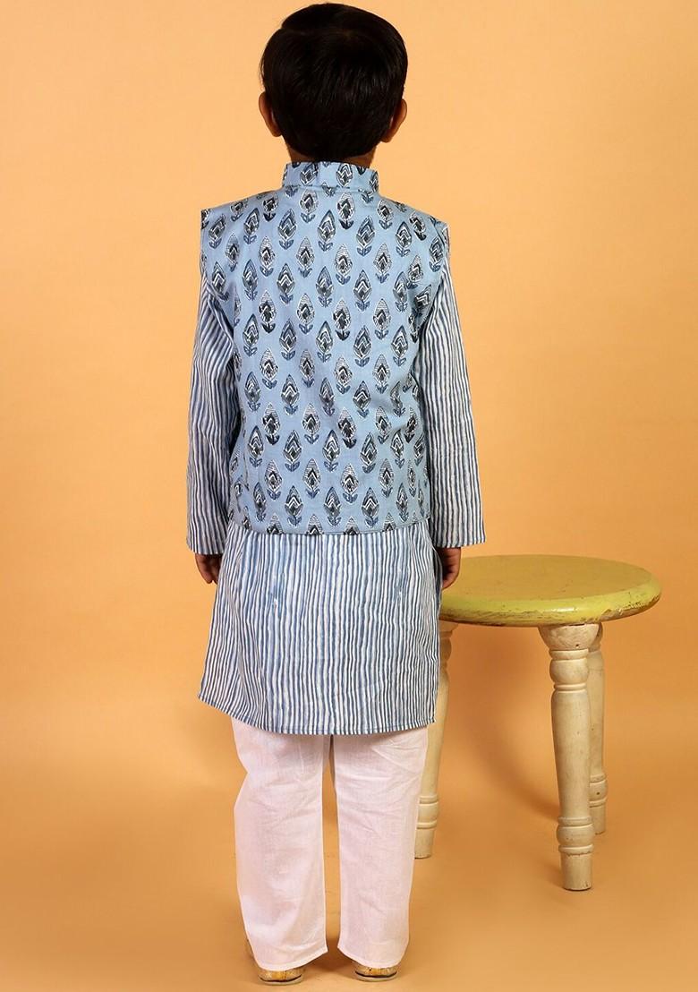 Blue Striped Cotton Kurta Set For Boys - Indya