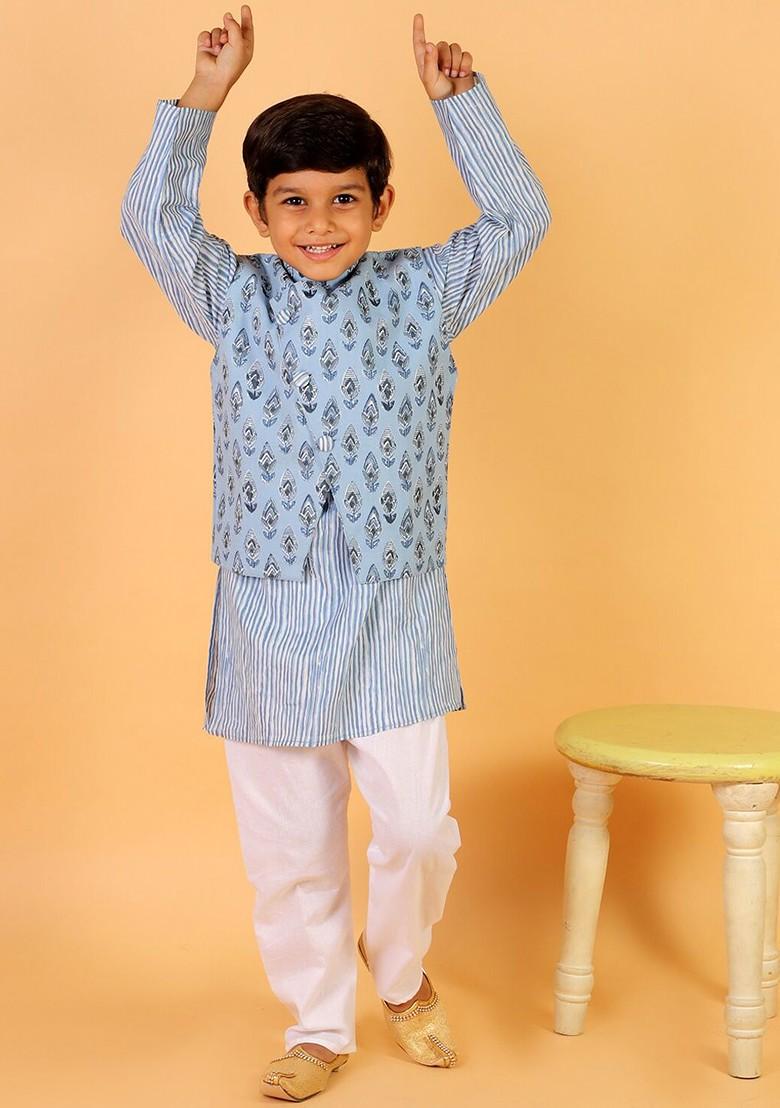 Blue Striped Cotton Kurta Set For Boys - Indya