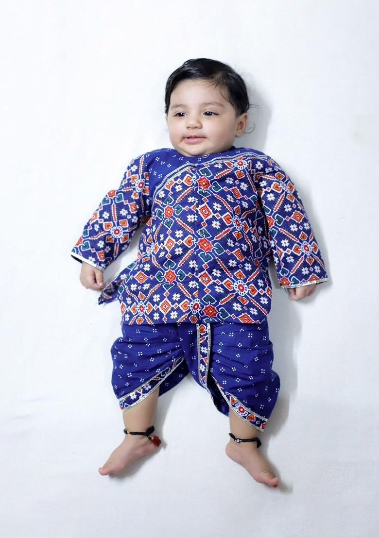 Blue Printed Blended Kurta Dhoti Set For Boys - Indya