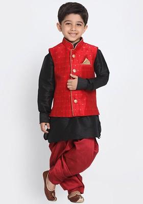 Black Embroidered Blended Nehru Jacket Set For Boys