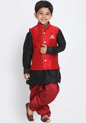 Black Solid Blended Nehru Jacket Set For Boys