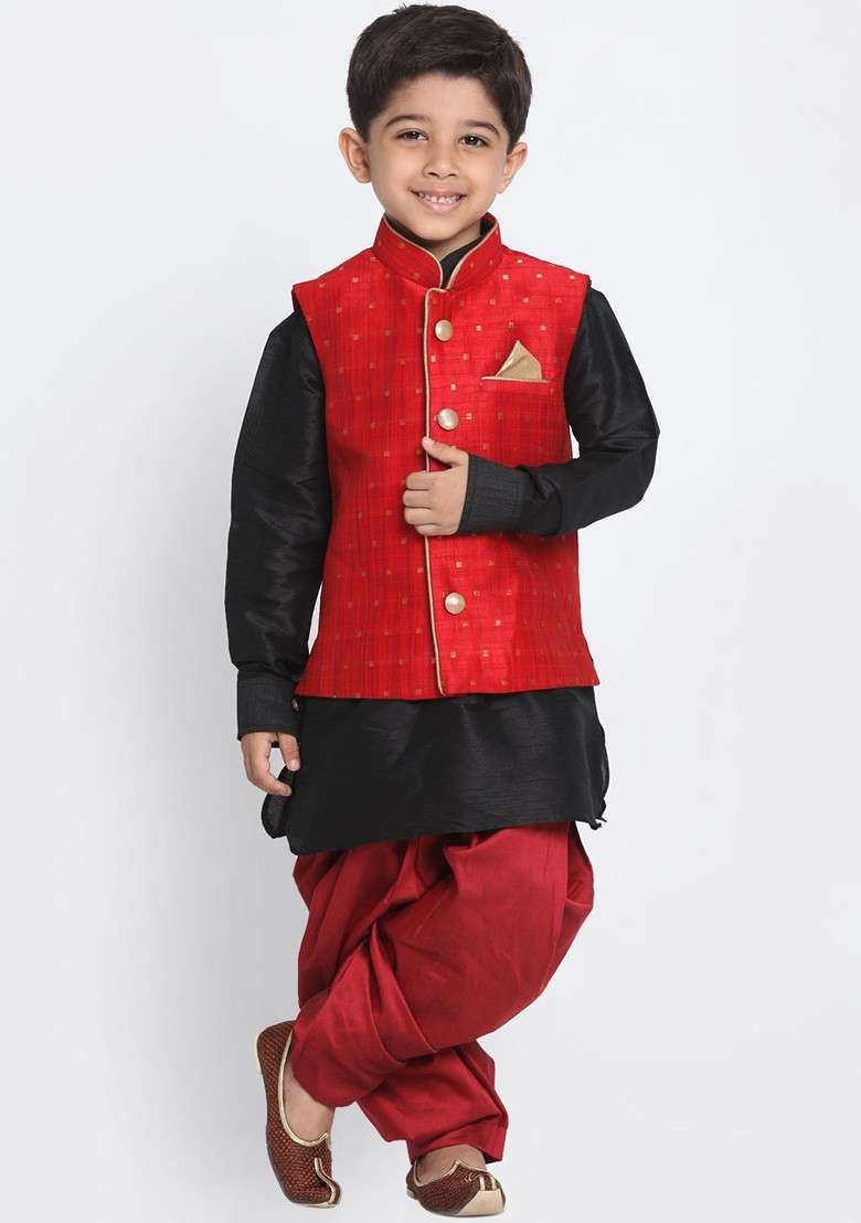 Black Solid Blended Nehru Jacket Set For Boys - Indya