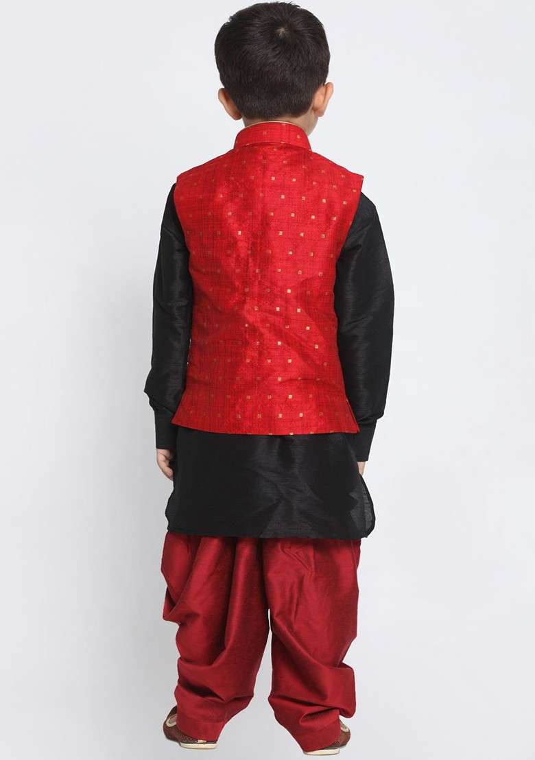 Black Solid Blended Nehru Jacket Set For Boys - Indya