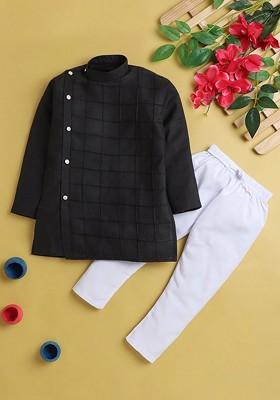 Black Embroidered Blended Kurta Set For Boys