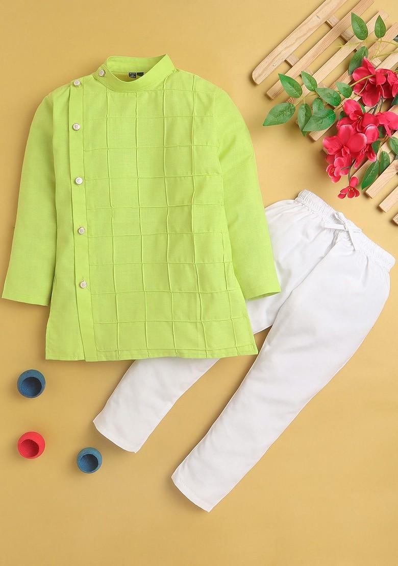 Green Checked Blended Kurta Set For Boys - Indya