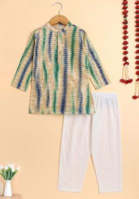 Green Printed Cotton Kurta Set For Boys