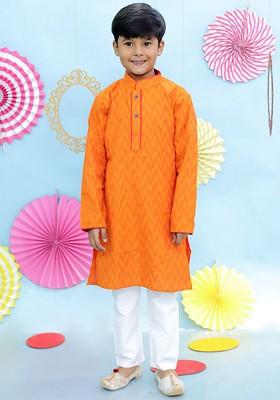 Orange Woven Design Cotton Kurta Set For Boys