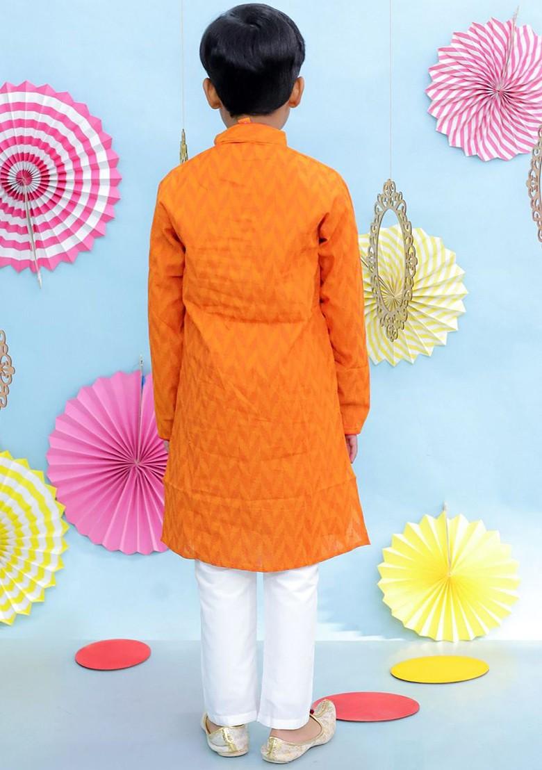 Orange Woven Design Cotton Kurta Set For Boys - Indya