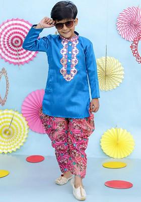 Blue Gotta Patti Work Blended Kurta Dhoti Set For Boys