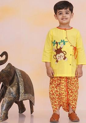 Yellow Embroidered Cotton Kurta Dhoti Set For Boys