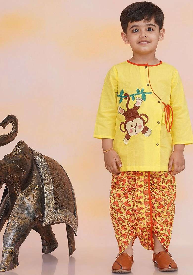 Yellow Embroidered Cotton Kurta Dhoti Set For Boys - Indya