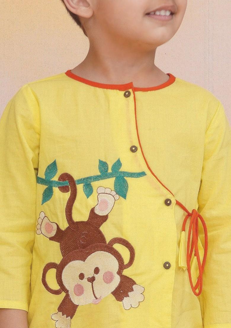 Yellow Embroidered Cotton Kurta Dhoti Set For Boys - Indya
