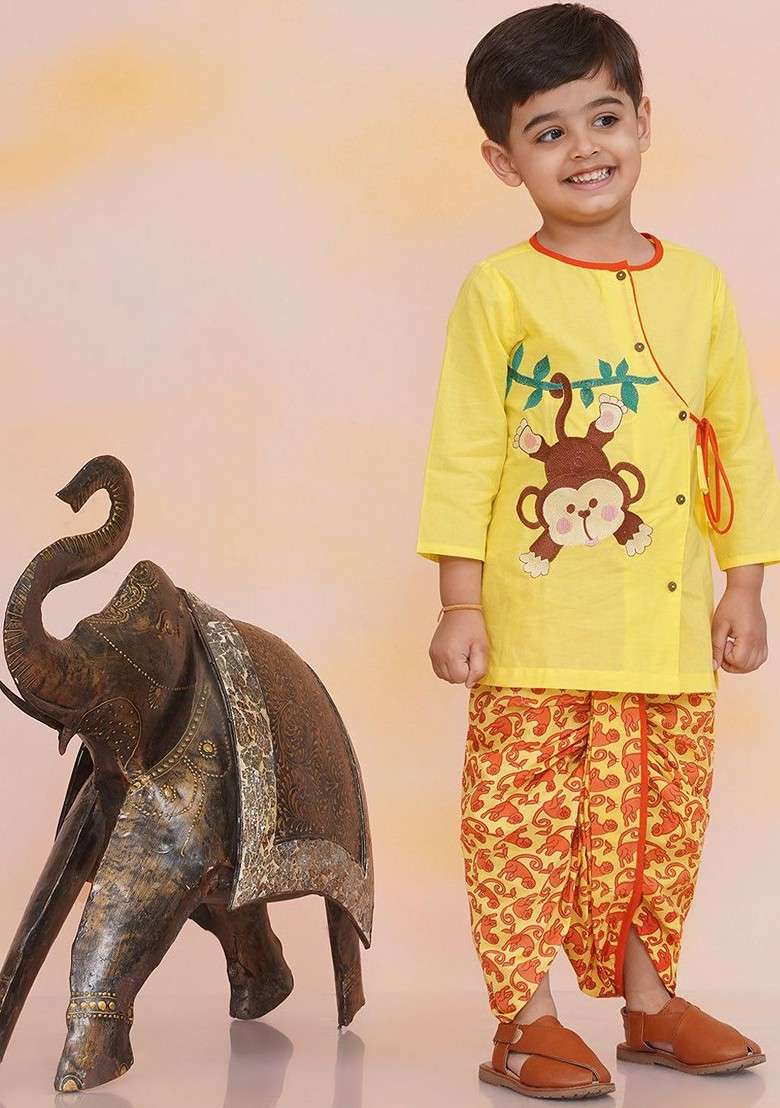 Yellow Embroidered Cotton Kurta Dhoti Set For Boys - Indya