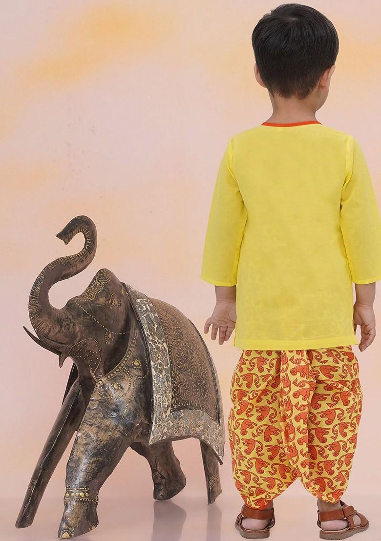 Yellow Embroidered Cotton Kurta Dhoti Set For Boys - Indya